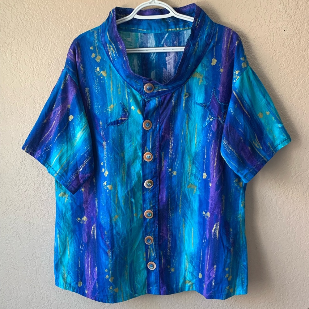 Abstract Art-To-Wear Blue Purple Button Front Artsy Boho Blouse - Picture 2 of 11